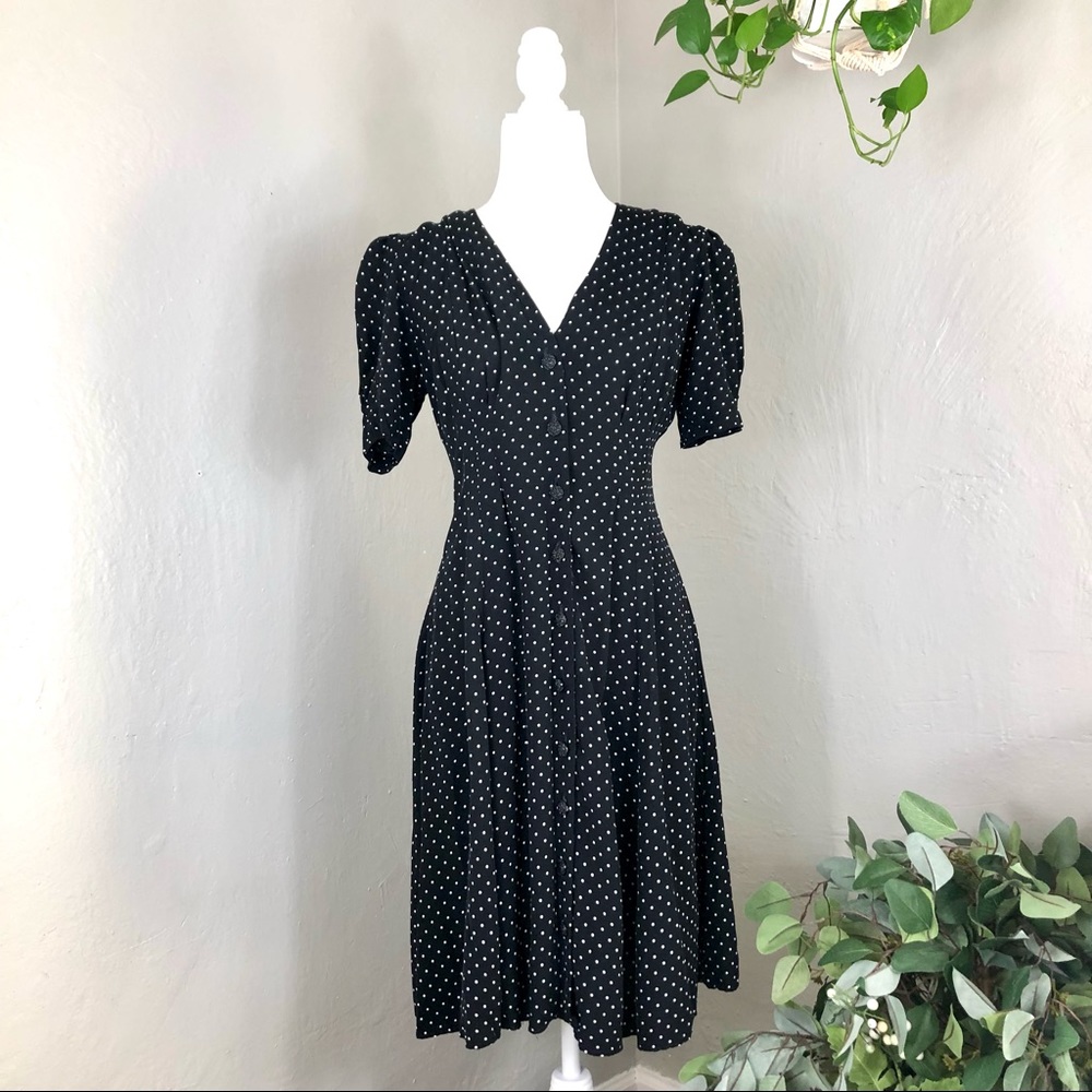 Moda Int’l Vintage Black Polka Dot Puff Sleeve Midi Dress Retro Button up 1990s